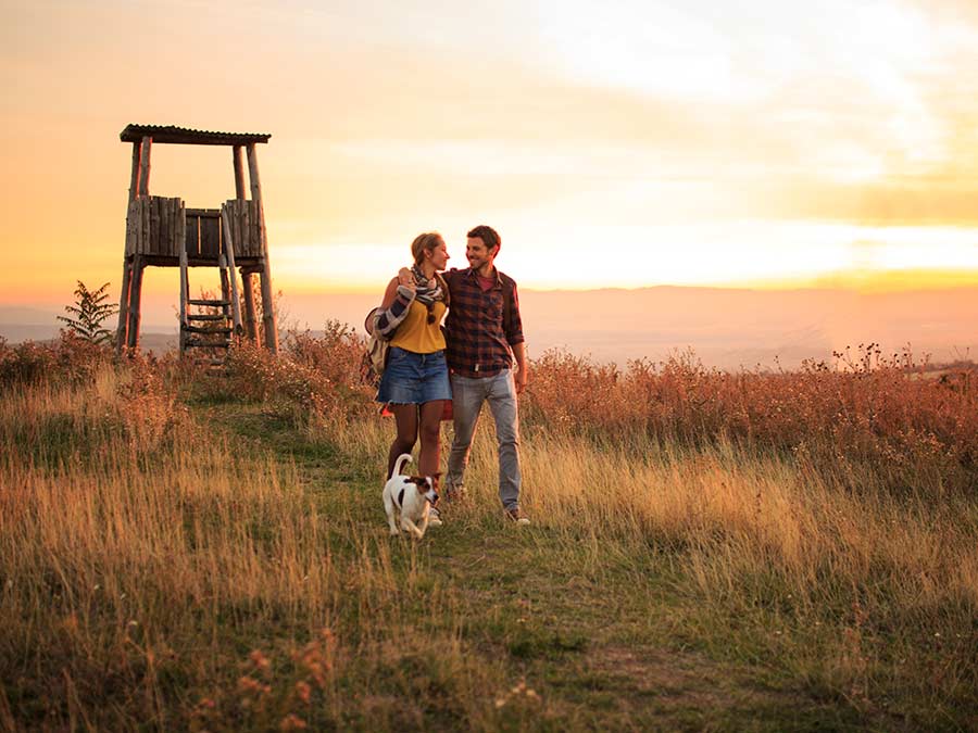 Couple walking their dog