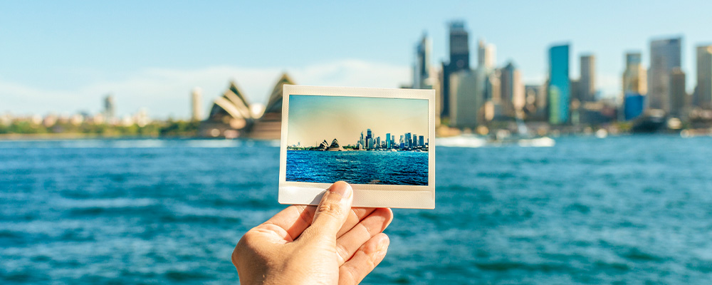 Polaroid of Sydney Opera House and waterfront 